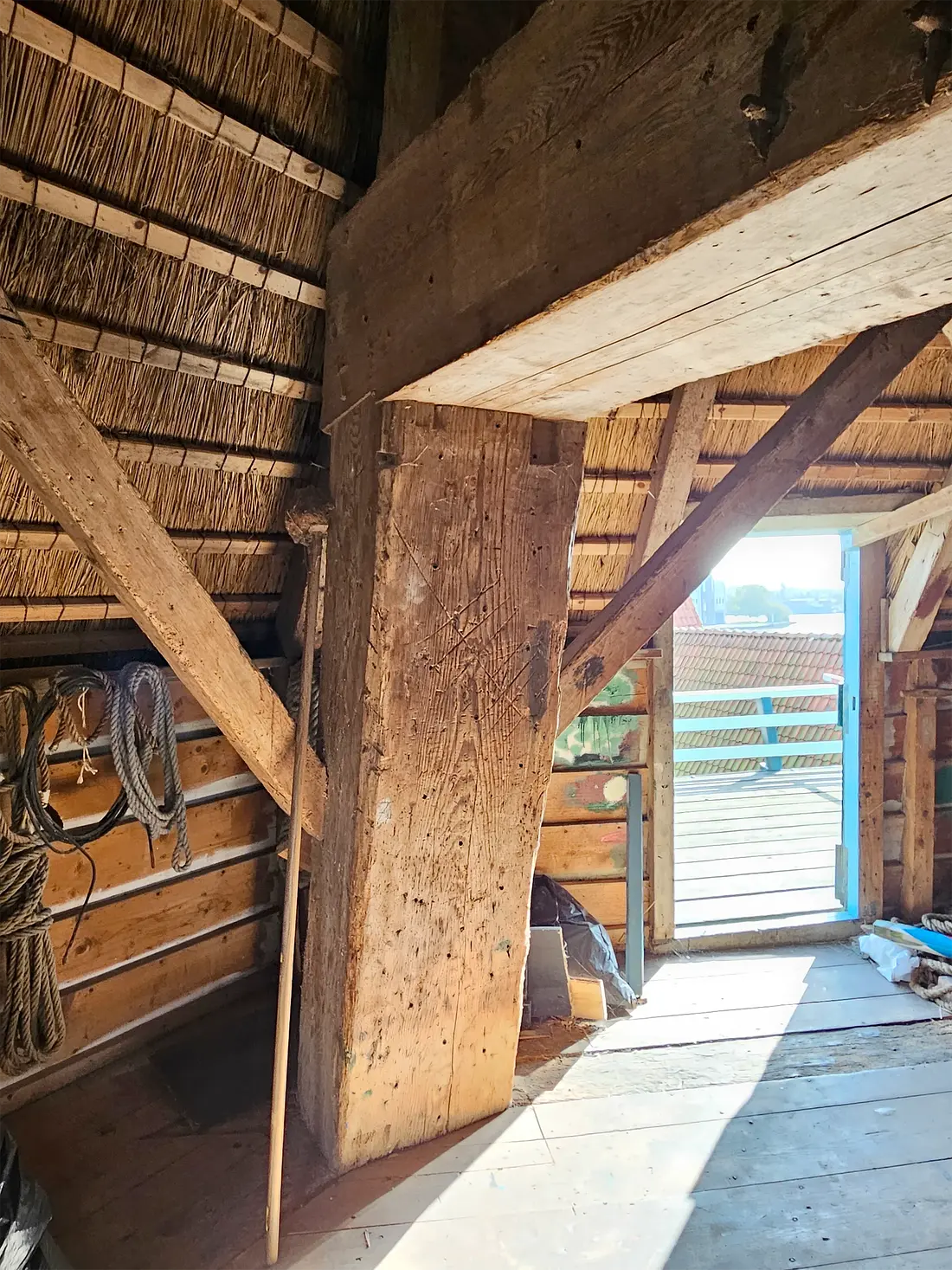 11, Molen 01061 De Bleeke Dood (of: De Dood) (Zaandijk), Lukas Vandael (30-9-2023)&nbsp;De constructie van de donsbalk. | Database Nederlandse molens