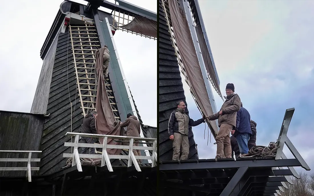 5, Molen 02571 De Eenhoorn (Haarlem), Paulien Meijer (13-01-2024)&nbsp;Molenaars "in touw" met de zeilen op de gerestaureerde molen. | Database Nederlandse molens