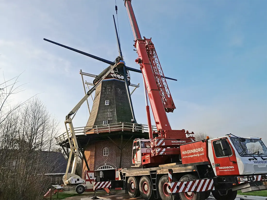 Molen 00492 De Vier Winden (Pieterburen), Martin E. van Doornik (29-01-2024)De oude roeden worden verwijderd en nieuwe gestoken.&nbsp; | Database Nederlandse molens