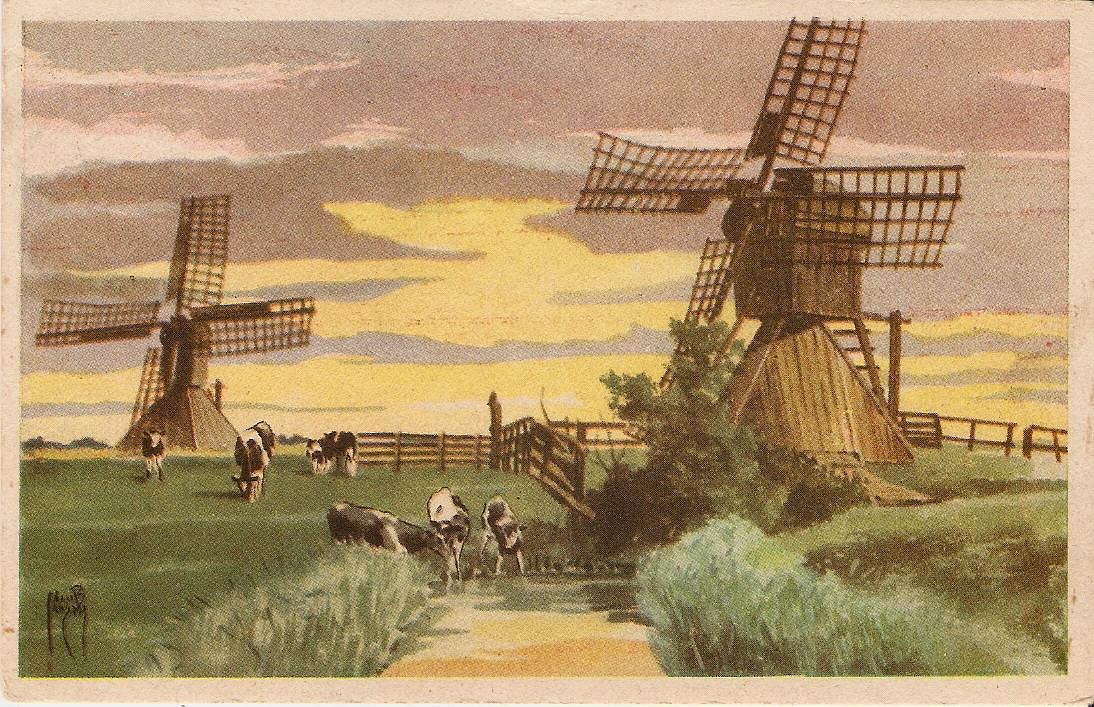 1, Molen 03791 Polder Nieuw Barrahuis / Polder Kramer, Molen Kramer (Leeuwarden/ Ljouwert), Ansichtkaart, coll. F. Weemaes, links molen Kramer en rechts molen Hoogland | Database Nederlandse molens