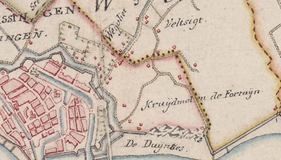 1, Molen 14710 De Fortuin / De Zeefortuin / Buskruitmolen Nr. 11 (Vlissingen), De Tuin van ZeelandDeze historische kaart van Walcheren werd in 1750 gemaakt door de broers D.W.C. Hattinga en A. Hattinga. De kaart lijkt sterk op de oude kaart van Walcheren van Nicolaes Visscher en Zacharias Roman, die een eeuw ouder is. Die gelijkenis is niet verwonderlijk: beide kaarten zijn gebaseerd op een kartering van Walcheren door Cristophel Bernards uit 1641-1643. De Hattinga’s verrichtten ook zelf het nodige veldwerk waardoor hun kaart, ondanks de kleinere schaal, gedetailleerder is en meer topografische informatie biedt dan de andere twee oude kaarten.&nbsp; | Database Nederlandse molens