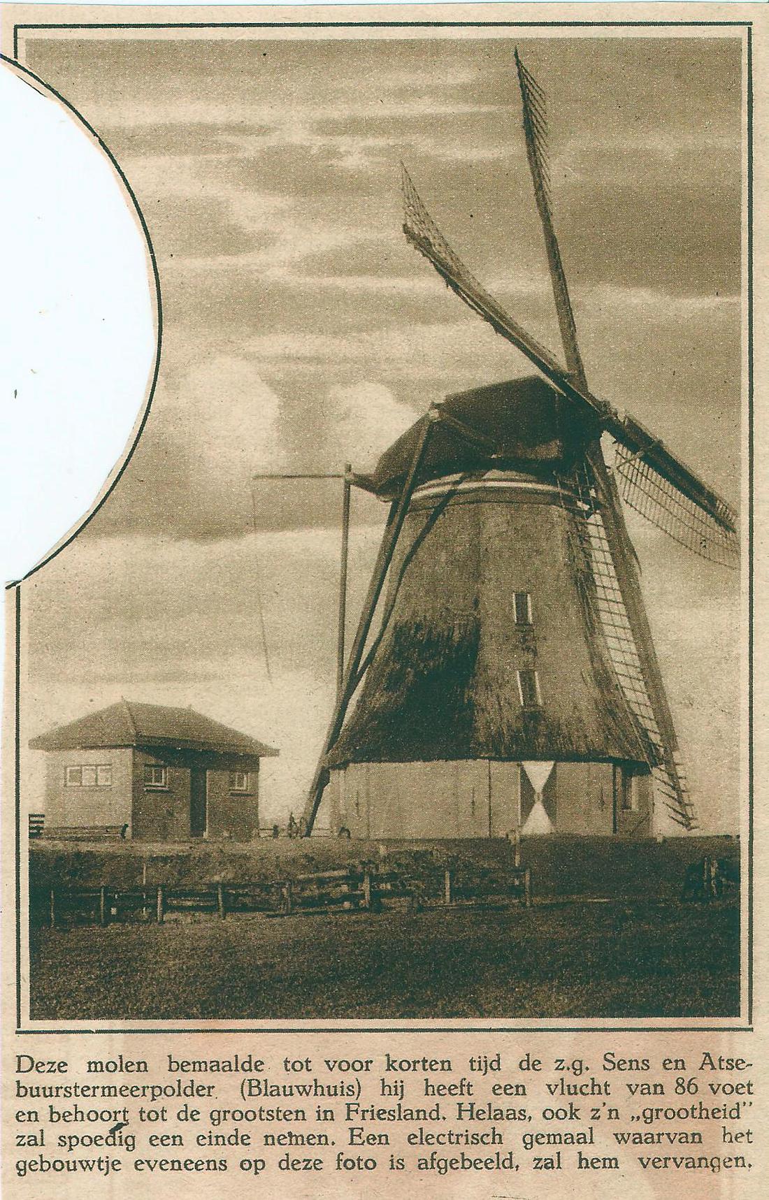 1, Molen 03668 b Sens- en Atzebuurstermeerpolders, Sensmeermolen / Marmoune (Greonterp), krantenartikel FFG 04-01-1929, coll.&nbsp; F. Weemaes | Database Nederlandse molens