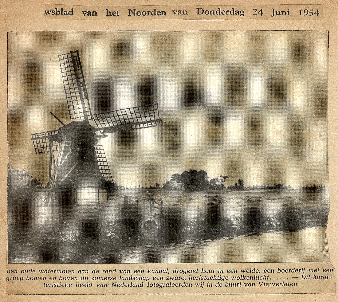 1, Molen 04426 Polder Gebr. Bos (Hoogkerk), Krantenartikel, Nieuwsblad van het Noorden, 24 juni 1954, coll. H. Berends | Database Nederlandse molens