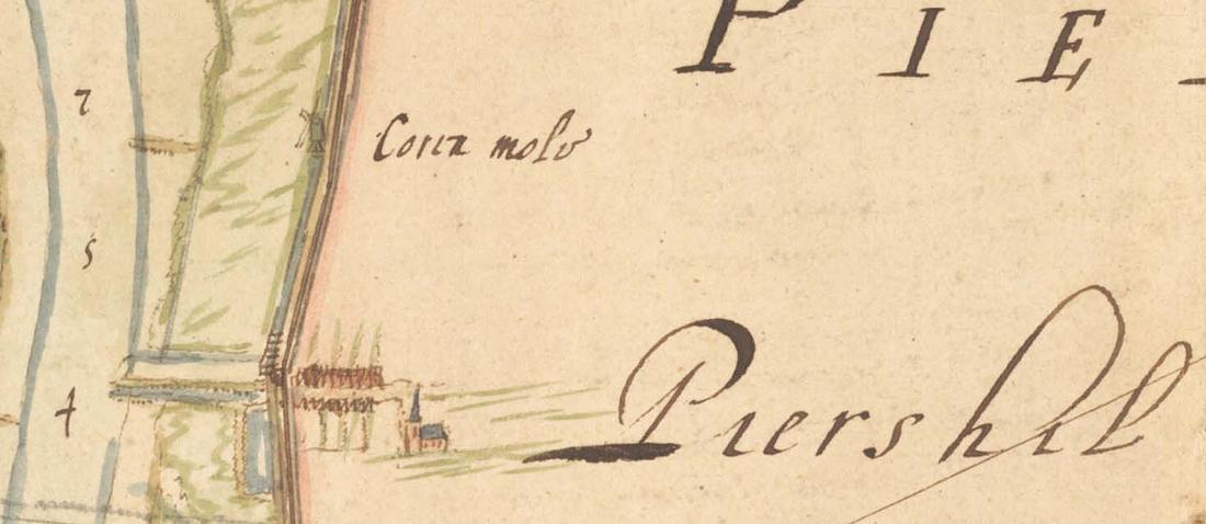 1, Molen 18010 Coremolen van Piershil (Piershil), Kaart van de Oude Maas, de Beer, het Piershilse Gat, Piershil, Voorne en Putten en Beijerland, Goudswaard, het Spui en het Haringvliet.1650, collectie www.Archieven.nl | Database Nederlandse molens