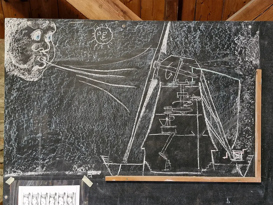 11, Molen 00489 De Onderneming (Vierhuizen), Rob Hoving (07-10-2024)&nbsp;Een krijttekening op het schoolbord op de stellingzolder. Men is er erg zuinig op. Gemaakt door wijlen instructeur Bernard Dijk.&nbsp; | Database Nederlandse molens