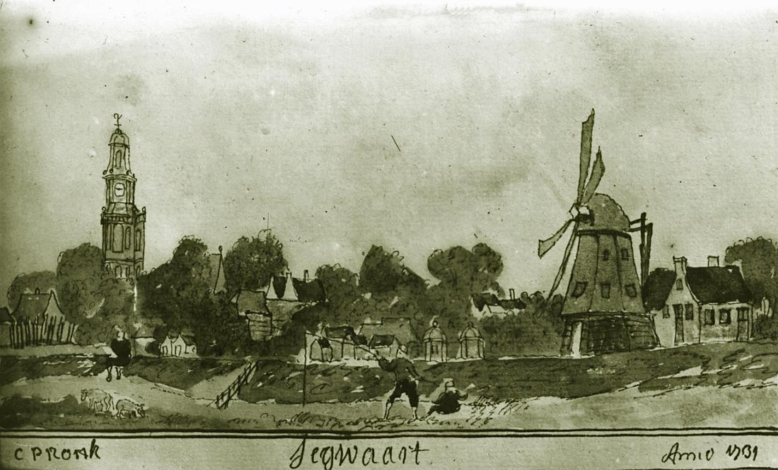 Molen 06497 i De Hoop (1e) (Zoetermeer), Tekening met zicht op de Oude Kerk en de korenmolen door C. Pronk, 1731.
Collectie Koninklijke Bibliotheek
Ingezonden door Kees Couprie, 22-10-2024 | Database Nederlandse molens