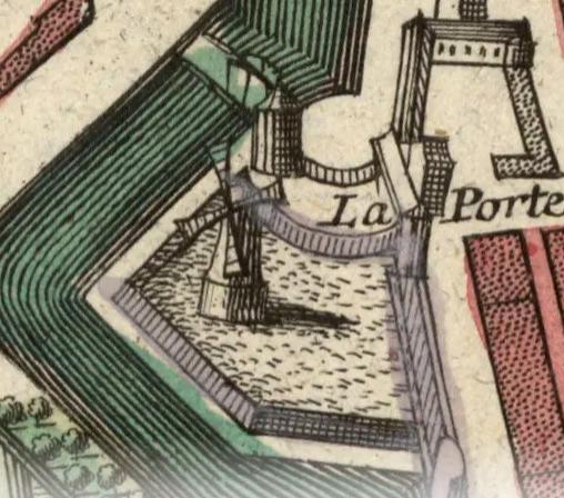 Molen 18051 kadekraan  Witte Poort (Marrum), detail van Plan della Ville Academique et marchande de Leyden1750|Seutter, Matthäus
boven de kadekraan, ten zuiden stond de molen&nbsp;De Lelie | Database Nederlandse molens