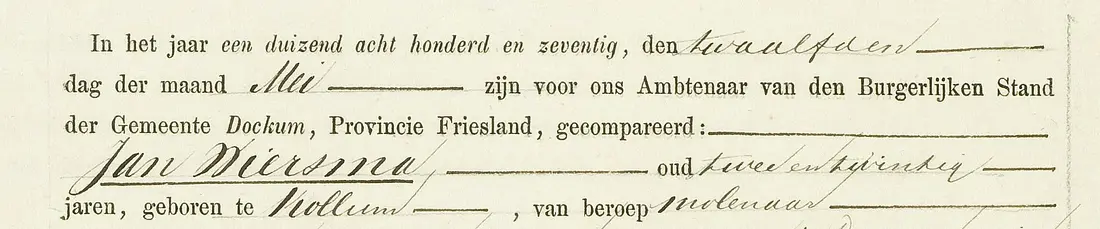 2, Molen 03247 Zeldenrust (Dokkum), Warner B. Banga (09-04-2025)Trouwakte Jan Wiersma, molenaar. | Database Nederlandse molens