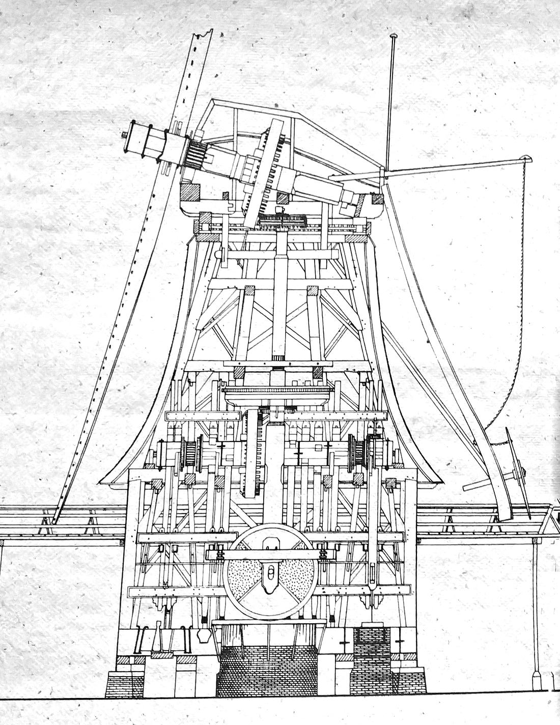 1, Molen 01062 De Bonte Hen (Zaandam-Oost), Schematische tekening van de Bonte Hen vóór de sloop in 1935, coll. Ties Timmermans | Database Nederlandse molens