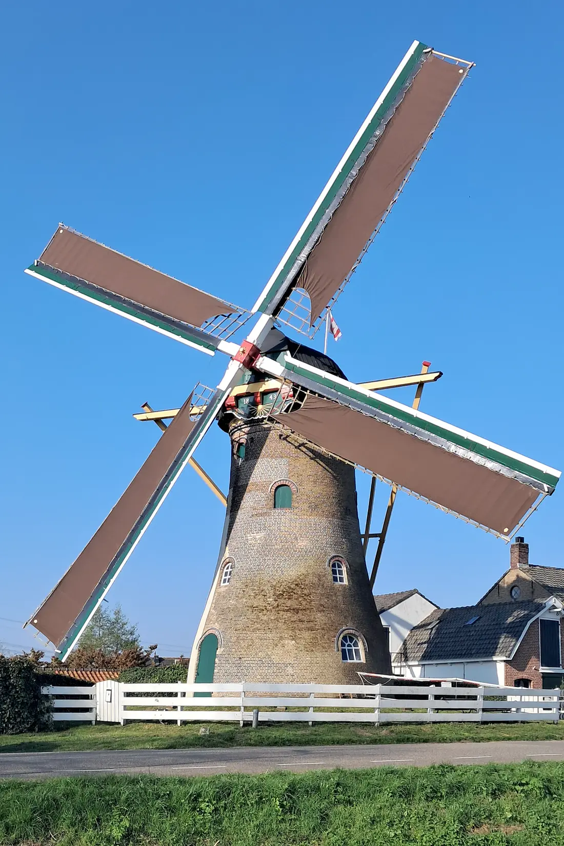 Molen 01912 De Hoop (Abbenbroek), René Kleijn (12-04-2025)&nbsp; De molen draaiend met de gerepareerde potroeden uit 1878 en nieuwe zeilen. | Database Nederlandse molens