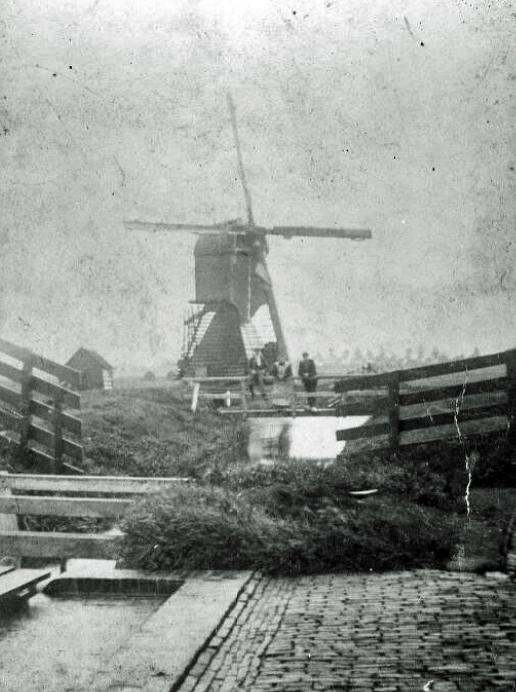 1, Molen 01521 b Polder Klein Nieuwland / De 51 Morgen (IJsselmonde), Foto collectie RCE, Zicht vanaf het erf van de ronde grondzeiler van polder De 68 Morgen naar de wipmolen van de polder Klein Nieuwland, reproductie | Database Nederlandse molens