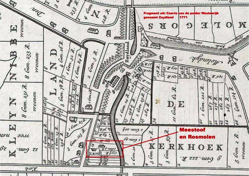 Molen 17838 Meestoof van Zuidland (Zuidland), De meestoof&nbsp; getekend op de "caarte van de polder Westenrijk genaamt Zuydland" van 1771 polderkaart, stond op de Kerkhoek perceelnr 13 en 14 en reikte van de Oude Wetering tot aan de (oude) Steenenweg,. De Meestoof is in 1801 verdwenen.&nbsp; Bron: streekarchief Voorne Putten; Rijksmuseum; | Database Nederlandse molens