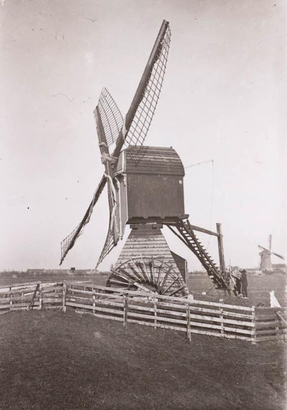 Molen 01521 b Polder Klein Nieuwland / De 51 Morgen (IJsselmonde), coll. DHM, met rechtachter de boezemmolen De Buitendijk 01978 a | Database Nederlandse molens