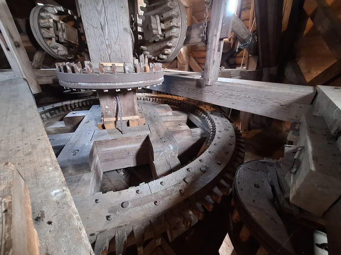 20, Molen 00496 Eva (Usquert), Jay Verkerk (19-07-2025)&nbsp;Het qua kruisarmen vrij breed uitgevoerde spoorwiel. De drie kammenluiwerken (waarvan nu twee zichtbaar) zijn zeer uniek. Twee werden er gebruikt voor de twee maalkoppels, de andere werd gebruikt voor de pelstenen. | Database Nederlandse molens