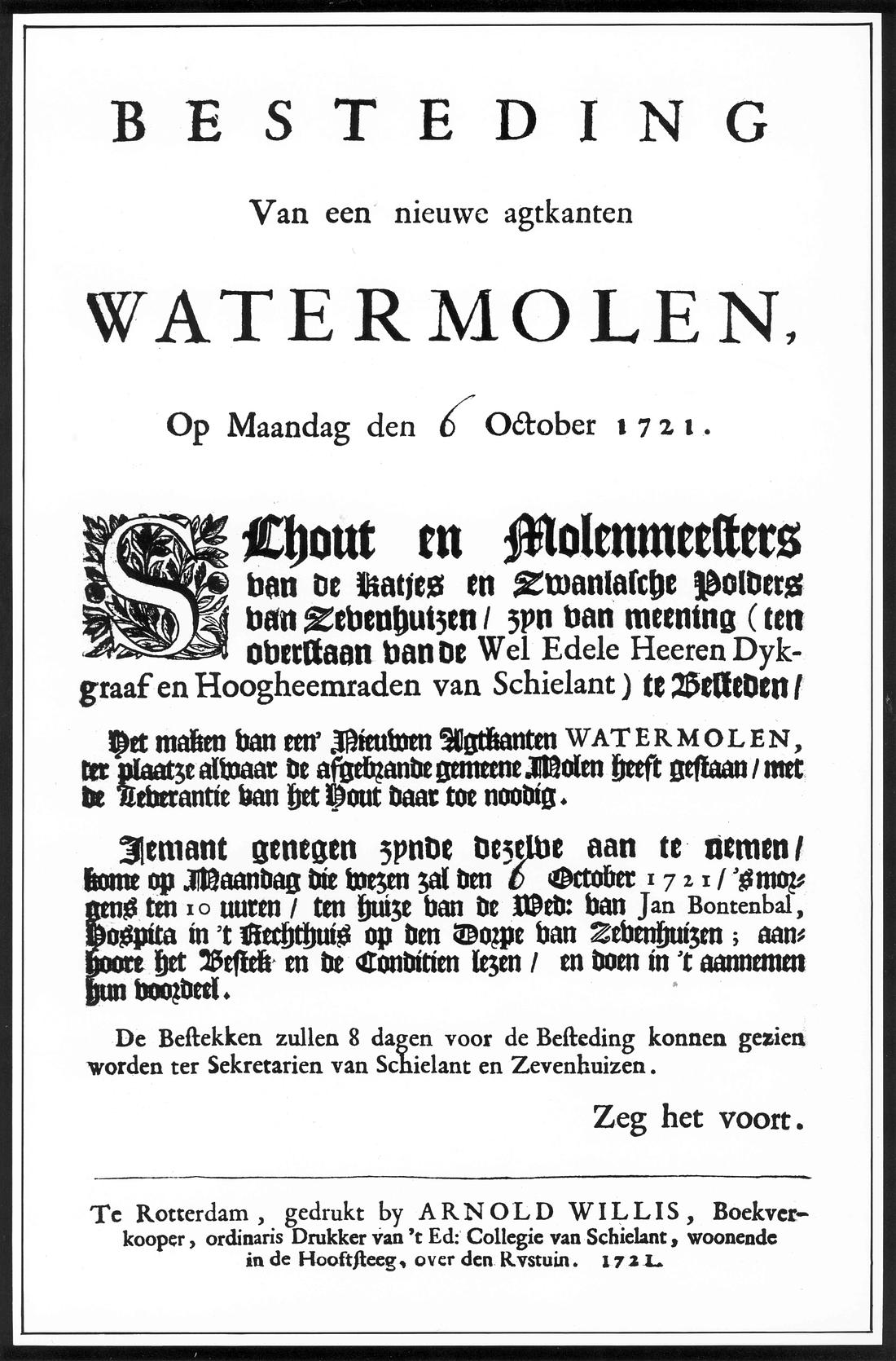 2, Molen 06495 w Swanlaschepolder / Nieuwe Swanlasche Molen (2e) / Meermolen (Zevenhuizen), Aanbesteding 6 october 1721, van Arie Dekker, Zevenhuizen | Database Nederlandse molens