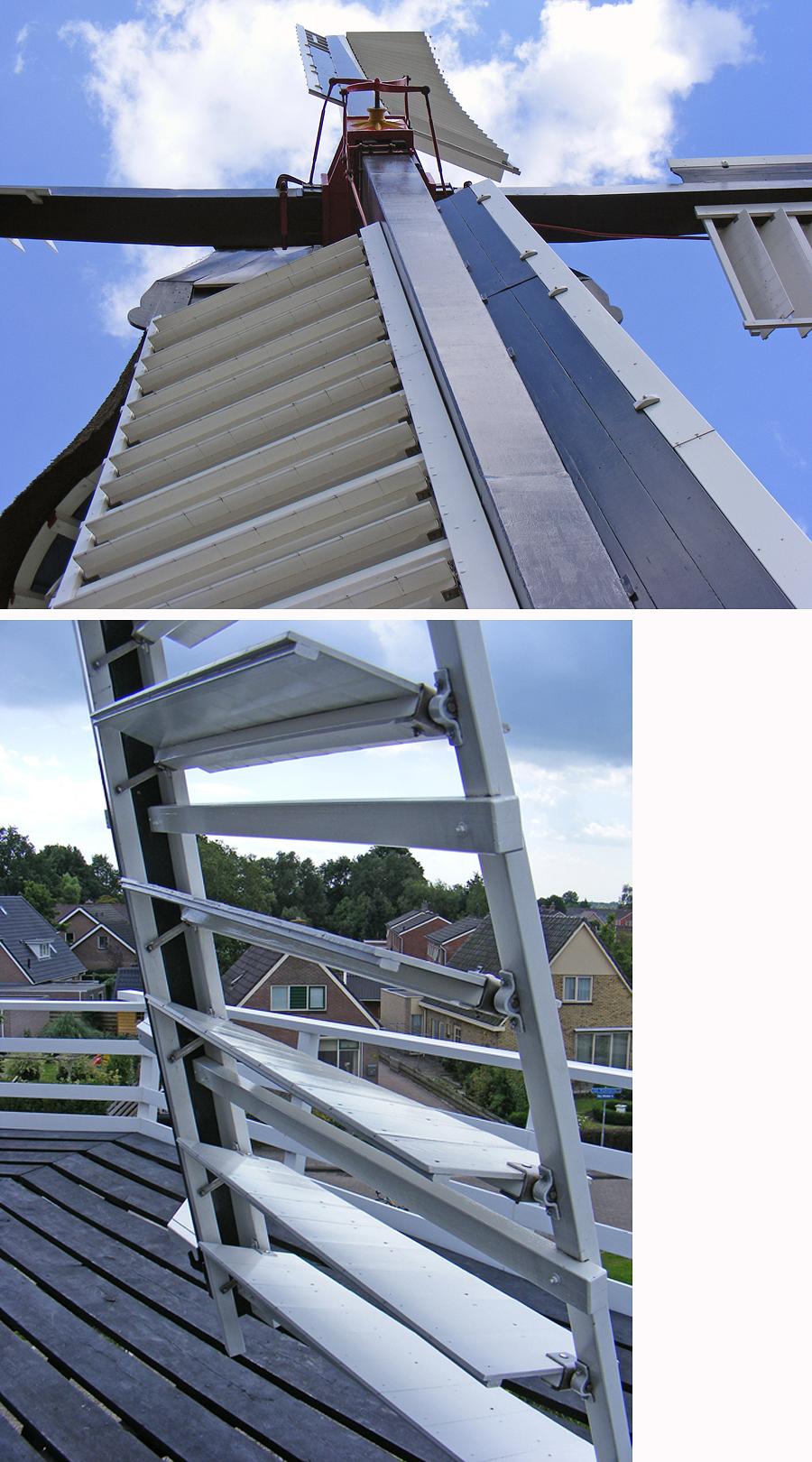 6, Molen 10068 Sterrenberg (Nijeveen), Als enige zelfzwichter van Nederland lopen de treklatten achter de kleppen langs.  Martin E. van Doornik (2-8-2008). | Database Nederlandse molens