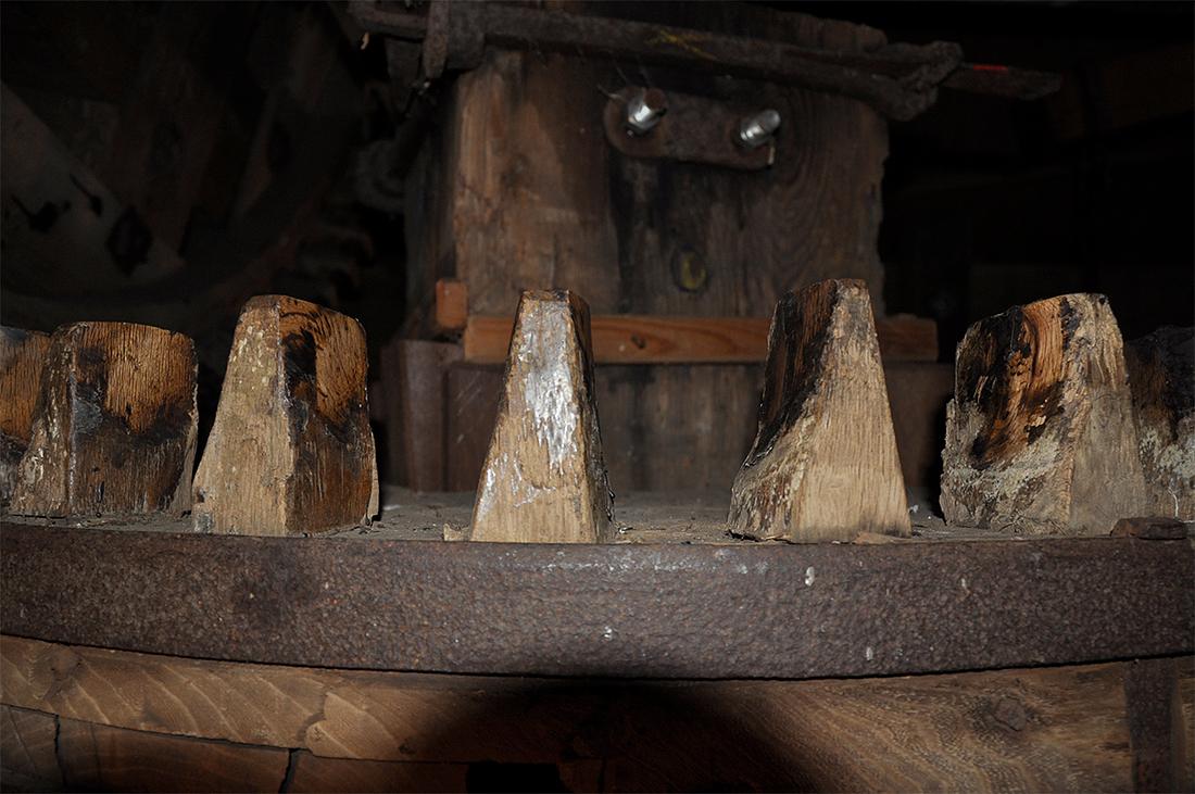 13, Molen 04432 De Hoop (Norg), Jesse Bergquist (13-7-2019)De uitgesleten kammen in de bovenbonkelaar. | Database Nederlandse molens