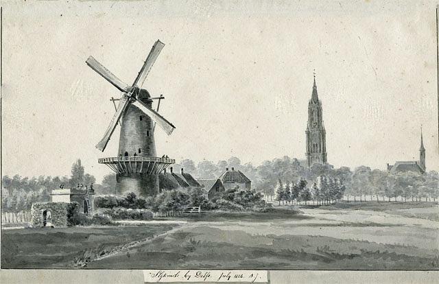 4, Molen 03504 a Het Fortuin / Slikmolen / Molen van Rossum (Delft), Afb. Balthazar Jooss, collectie Stadsarchief Delft, inv.nr 1081
&nbsp;Tekening van Balthazar Jooss, gedateerd juli 1824 | Database Nederlandse molens