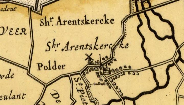 Molen 06431 k Molen van 's-Heer Arendskerke ('s-Heer Arendskerke), Detail van kaart Zelandiae Comitatus Novissima Tabvla.1719, Visscher, Nicolaes Jansz. | Database Nederlandse molens