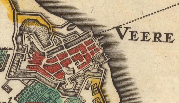 Molen 13739 De Koe  (Molenbolwerk) (Veere), detail van kaart Walchria Insula Zelandiae.1690, Visscher, Nicolaes, 1649-1702. | Database Nederlandse molens