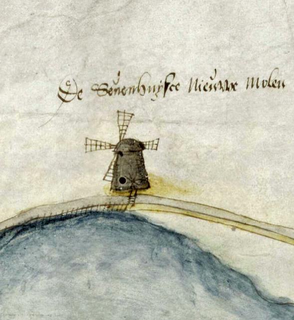 Molen 06495 w Swanlaschepolder / Nieuwe Swanlasche Molen (2e) / Meermolen (Zevenhuizen), uitsnede van kaart door Jan Potter, 1567. Collectie Nationaal Archief, Den Haag. | Database Nederlandse molens