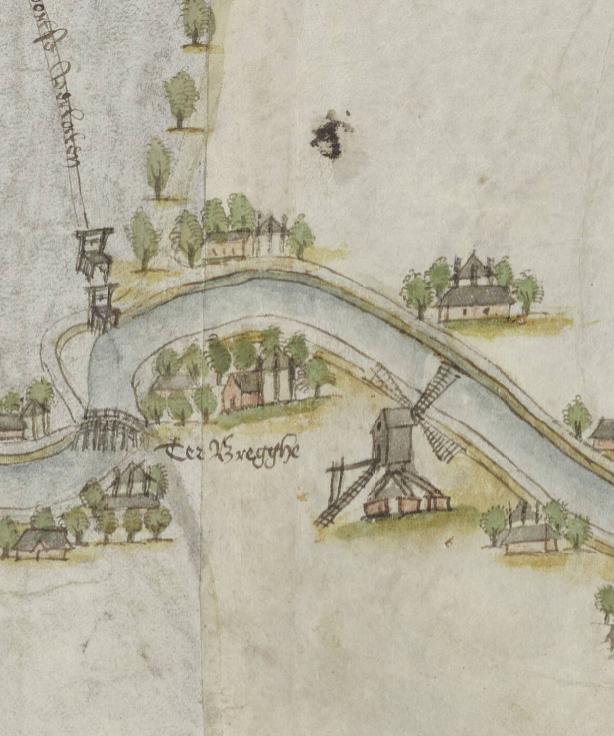 Molen 06902 b De Vier Winden voorganger (Rotterdam, stadsdeel Hillegersberg-Schiebroek), uitsnede van kaart van de rivier de Rotte. Januari 1567.&nbsp;Vervaardigd door Jan Potter. &nbsp;Collectie Nationaal Archief | Database Nederlandse molens