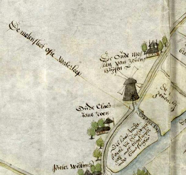 Molen 06901 q Swanlaschepolder /Oude Swanlasche Molen (Zevenhuizen), uitsnede van kaart van de rivier de Rotte. Januari 1567.&nbsp;Vervaardigd door Jan Potter. &nbsp;Collectie Nationaal Archief | Database Nederlandse molens