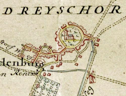 Molen 13734 Oostmolen (Dreischor), detail van kaart 1752, collectie Nationaal Archief | Database Nederlandse molens