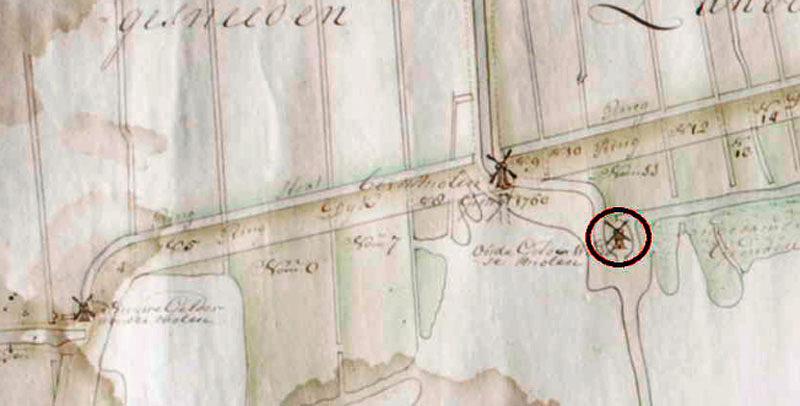 Molen 06904 h Oude Gelderswoudsche polder, wipmolen (oostelijk) (Zoeterwoude), detail van kaart van Klaas Vis, 1759 | Database Nederlandse molens