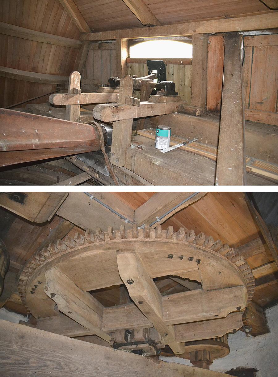 8, Molen 01228 Joannusmolen (Heumen), Bovenste foto: het bedieningsmechanisme van de zelfzwichting, met uiterst rechts de balk van de bezaanstok.&nbsp;Rob Pols (21-4-2014). | Database Nederlandse molens