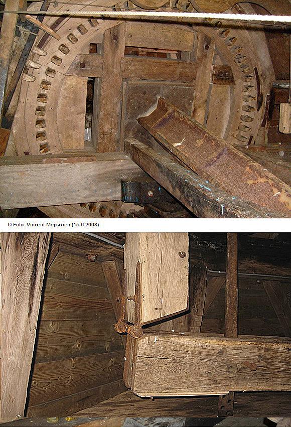 8, Molen 10231 De Dellen (Nieuw-Scheemda), H.P. Tiddens (8-4-2009)De opmerkelijke scharnierconstructie tussen voorezel en vangbalk. | Database Nederlandse molens