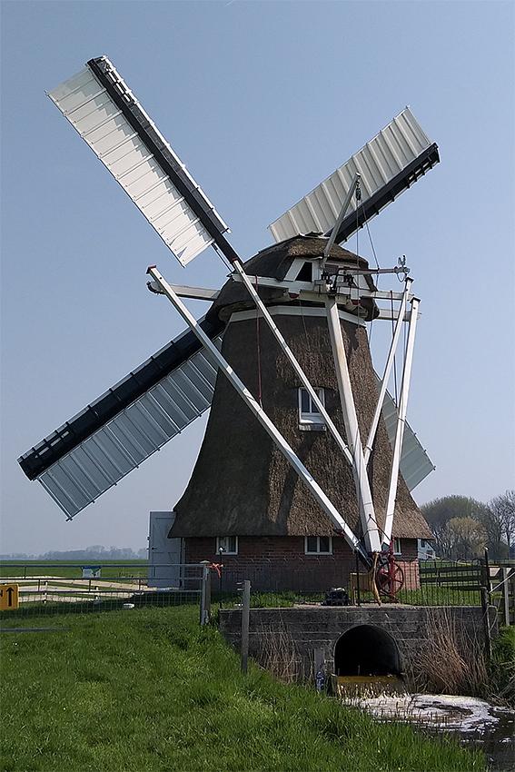 2, Molen 00445 De Palen (Westerwijtwerd), Wouter Bakker (8-4-2019)Na het herstel dat eind 2018 begon heeft de molen zijn kleppen weer terug. | Database Nederlandse molens