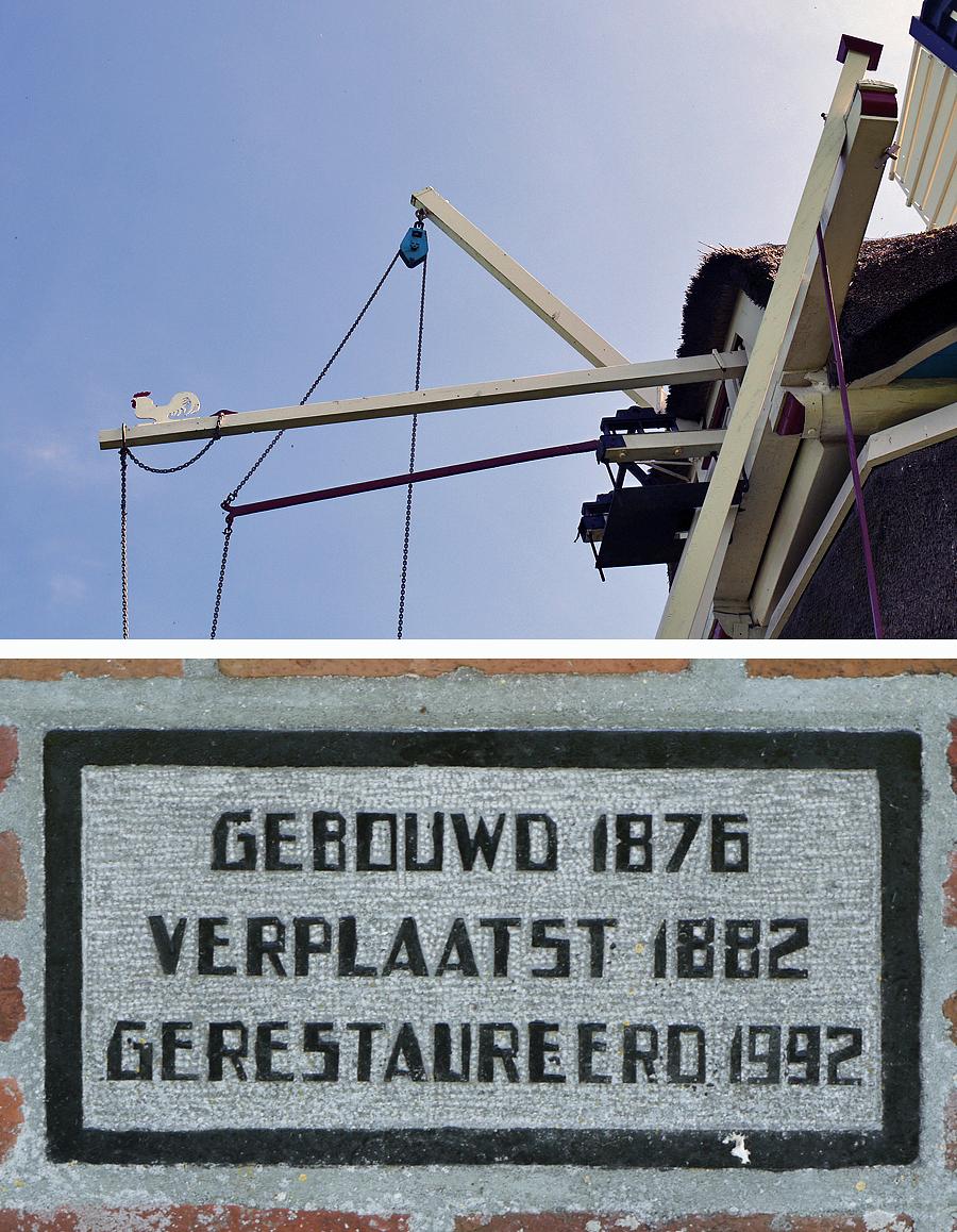 7, Molen 00445 De Palen (Westerwijtwerd), Boven: Het bedieningsmechanisme van de zwichtstang buiten de kap. Onder: de stichtingsteen.  Matthieu Hoogduin (10-5-2015). | Database Nederlandse molens