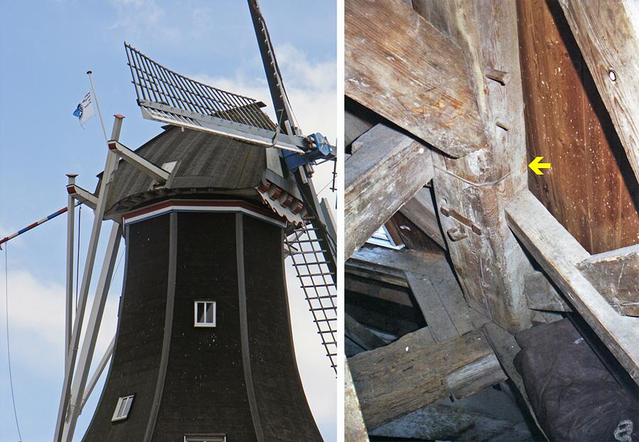 6, Molen 00570 Molen Edens / De Volharding (Winschoten), Martin E. van Doornik (links: 9-5-2015, rechts 20-9-2003)Links de karakteristieke flessenhalsvorm van het verhoogde houten achtkant. Rechts bij het gele pijltje de plaats waarhet oude boventafelement lag. | Database Nederlandse molens
