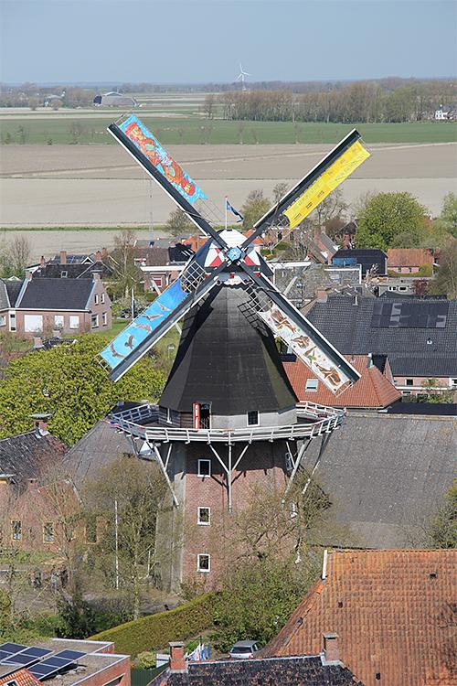 5, Molen 00483 De Lelie (Eenrum), Casper Meinders (5-5-2016)Tijdens de jaarlijkse Hemelvaartsmarkt was draaide de Lelie met de beschilderde zeilen die vanwege het 150 jarig jubileum in 2012 zijn gemaakt door 4 Eenrumer kunstenaars. Vanwege een mooie zuidooster wind was de Lelie vanaf de Eenrumer toren mooi te bewonderen.  | Database Nederlandse molens