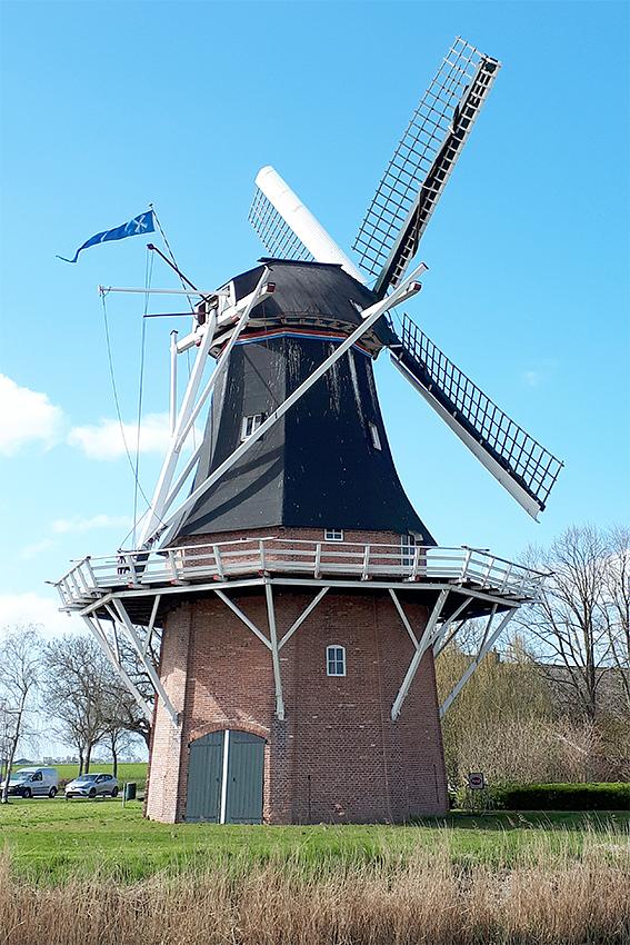 2, Molen 00561 Udema's molen (Finsterwolde (Ganzedijk)), M. Steemers (31-3-2019)Na lange tijd weer een vlaggenmast met wimpel óp de kap! | Database Nederlandse molens