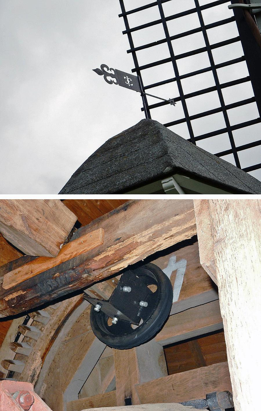 9, Molen 12350 Aurora (Baexem), Tony Hop (11-4-2015). Boven: de windwijzer boven op de molenkap. Onder: in plaats van de gebruikelijke constructie met varkenswiel, is deze hier vervangen door een klein wieltje dat tegen de velg van het aswiel wordt getrokken. | Database Nederlandse molens