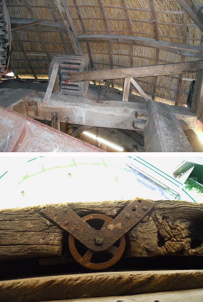 10, Molen 01225 Bergzicht (Gassel), Rob Simons (6-10-2012)Boven: de vangtrommel is nog steeds aanwezig, maar niet meer in gebruik.  Onder: de keerkuip is, zeer bijzonder, voorzien van keerrollen i.p.v. neuten (nog uit de tijd dat de molen een gewoon rollenkruiwerk had). | Database Nederlandse molens