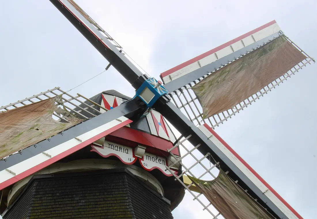 7, Molen 01967 Mariamolen (Haps), Tony Hop (5-3-2023)Zicht op de baard van de molen. De nieuwe askop van de molen is in 2019 ter vervanging van de gescheurde voorganger. Deze voorganger wordt thans in de inrijtoog van de molen bewaard. | Database Nederlandse molens