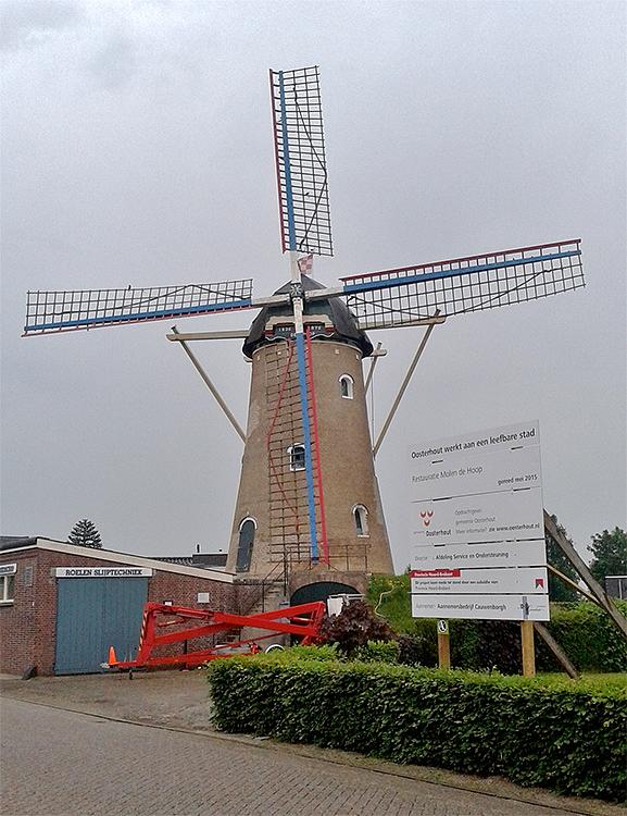 1, Molen 02593 De Hoop (Den Hout), Tony Hop (05-06-2015)De Hoop in de eindfase van een uitgebreide restauratie. Op het moment van de foto werd de molen geheel geschilderd. | Database Nederlandse molens