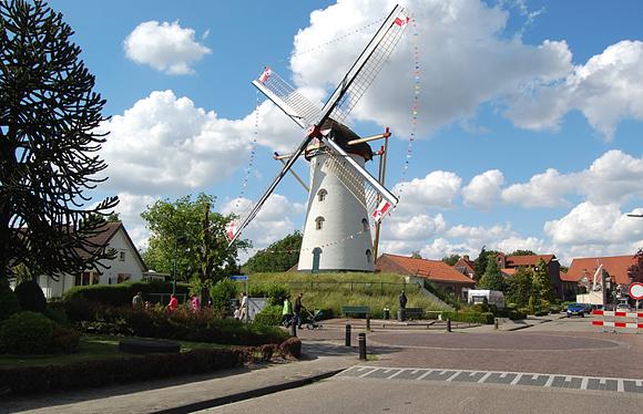 1, Molen 01931 Windlust (Vorstenbosch), Rob Pols (22-5-2009)De molen staat in de vlaggetjes omdat er kermis in het dorp is. Sinds héél lang heeft de molen ook weer vier zeilen. | Database Nederlandse molens