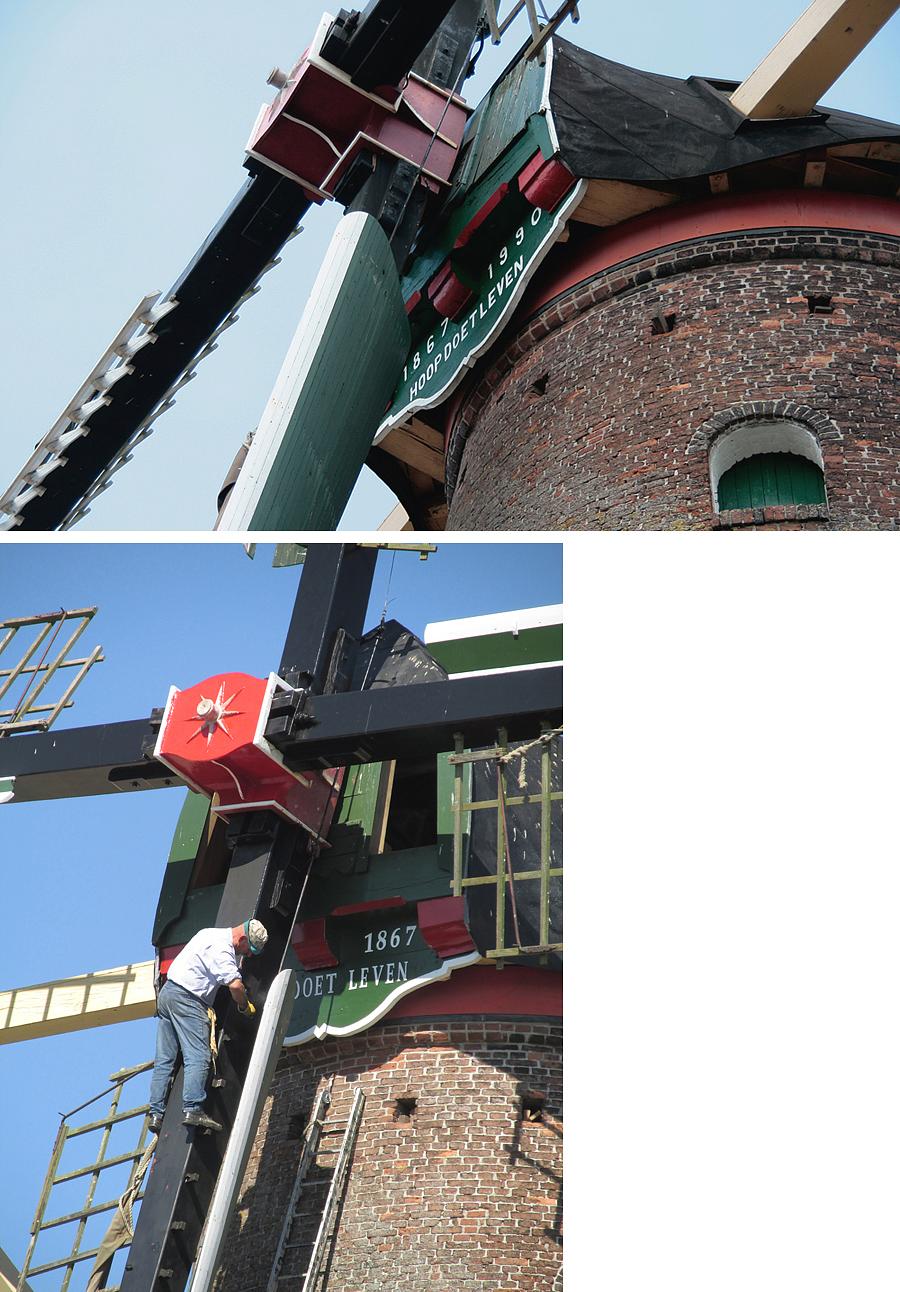 4, Molen 02656 Hoop Doet Leven (Made), Let op de verschillen in de lettertype op de baard in de beide foto's!  Foto boven: Ton Koorevaar (9-7-2011).  Foto onder: Piet Glasbergen (5-9-2013) | Database Nederlandse molens