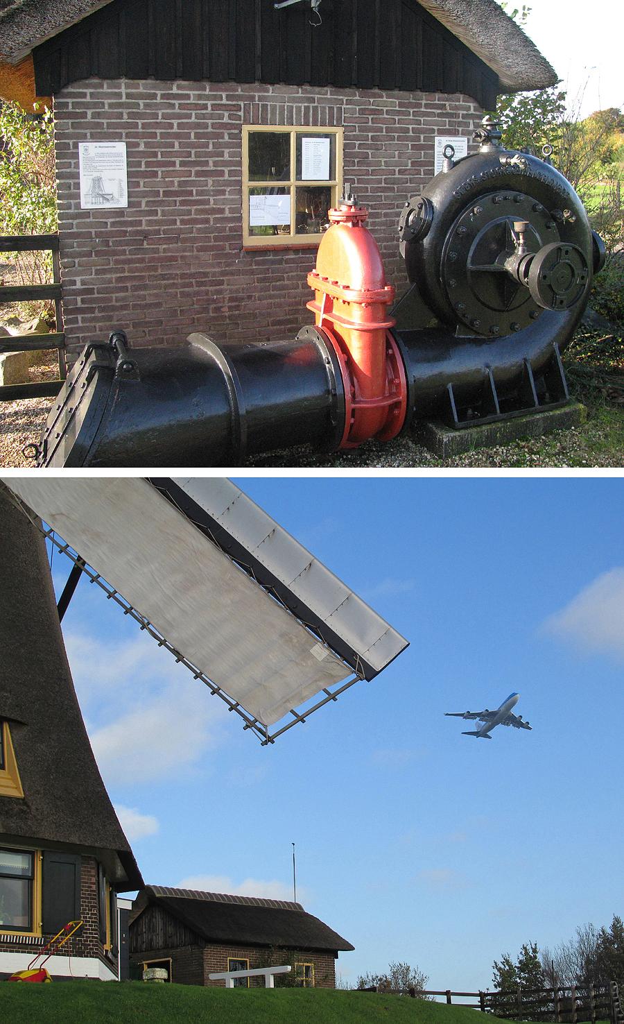 8, Molen 00943 Stommeermolen (Aalsmeer), Piet Glasbergen (8-11-2014).Boven: de zuigbuis met centrifugaalpomp uit 1929.Onder: Schiphol ligt iets verderop.... | Database Nederlandse molens
