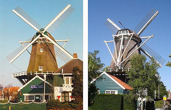 3, Molen 01001 De Dikkert (Amstelveen), Foto links: Jan van der Molen (1999). Foto rechts: Marcel Stroo (30-5-2009). | Database Nederlandse molens