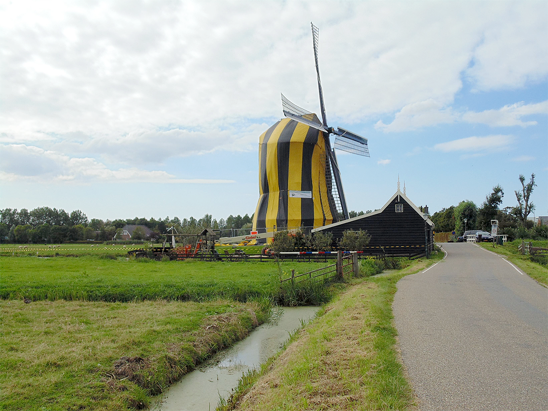 9, Molen 00029 Tweede Broekermolen (Uitgeest), Hennie Boersma (2-9-2014)De bonte knaagkever bedreigde in 2014 het voortbestaan van De Tweede Broeker in Uitgeest. De vraatzuchtige houtworm bleek de 17de eeuwse molen van onder tot boven ernstig te hebben aangetast. De enige oplossing was de bestrijding van het ongedierte met gas. | Database Nederlandse molens