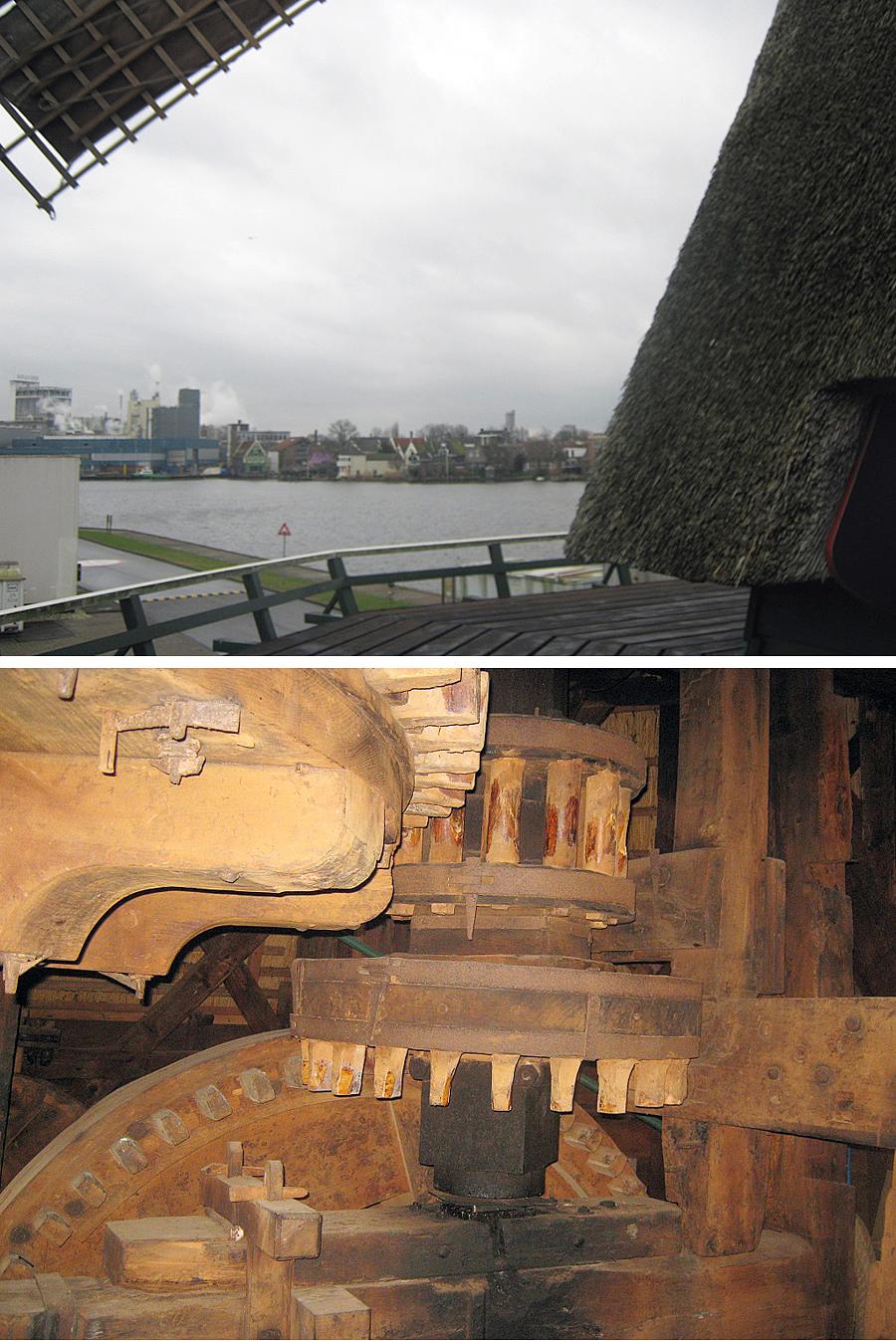 8, Molen 01110 De Ooievaar (Zaandam), Abel van Loenen (15-12-2012).Bovenaan de schijfloop met daarnaast het steenwiel; daaronder de kamaandrijving van het wentelwiel. | Database Nederlandse molens