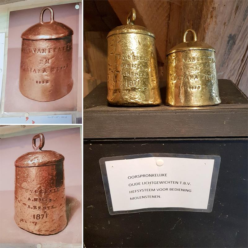 8, Molen 04895 De Hoop en Verwachting (Borssele), Pieter Zuijkerbuijk (6-4-2019)Oude lichtgewichten van de toenmalige eigenaar Benjamin Eennenaam en zijn vrouw Aspiana Wisse uit 1835 Het tweede gewicht is uit 1871 en daar is volgens de molenaar Pieter Hazelager als derde naam die van hun knecht toegevoegd.  | Database Nederlandse molens