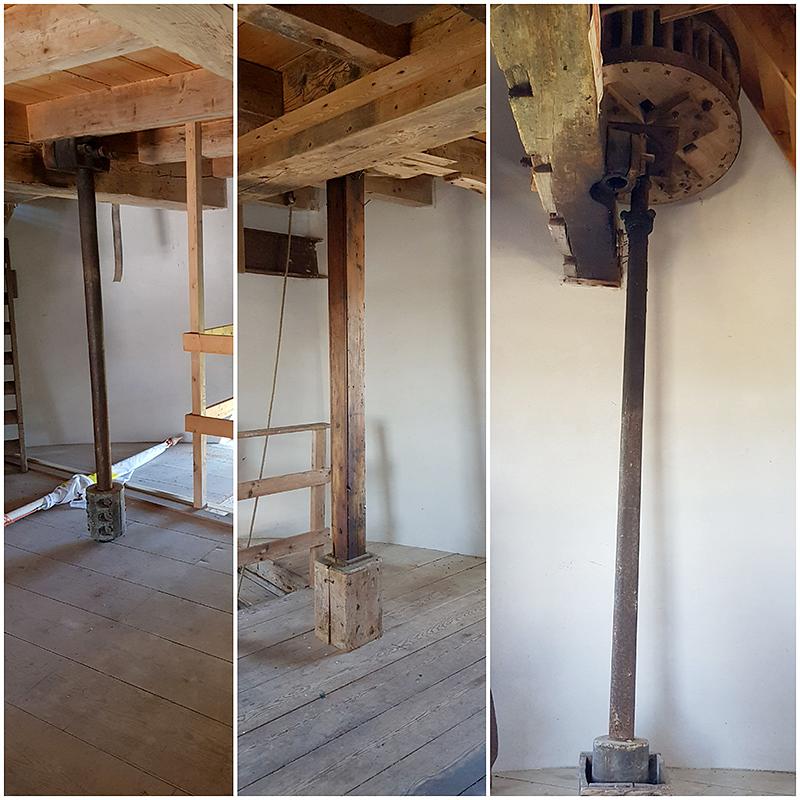 20, Molen 01658 Nooit Gedacht (Eindewege ('s Heer Arendskerke)), Pieter Zuijkerbuijk (5-7-2019)De assen die ooit de mechanische aandrijving gediend hebben. | Database Nederlandse molens