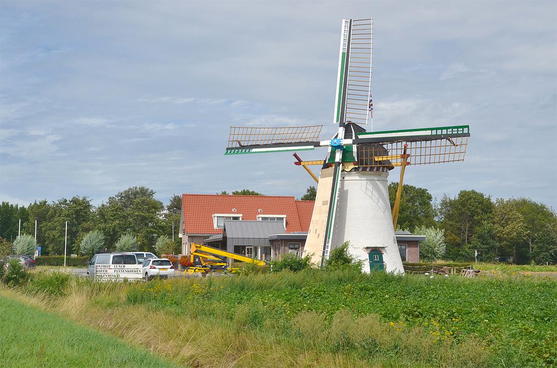 1, Molen 04902 De Lelie (Elkerzee / Scharendijke), Rob Pols (9-8-2019)De molen ondergaat een soort (re)metamorfose; zelfzwichting terug op de binnenroede, zeilrails op de buitenroede en een geheel andere kleurstelling. Opmerkelijk is het grote verschil in kleurstelling van de voorzomen van de binnen- en de buitenroede. | Database Nederlandse molens