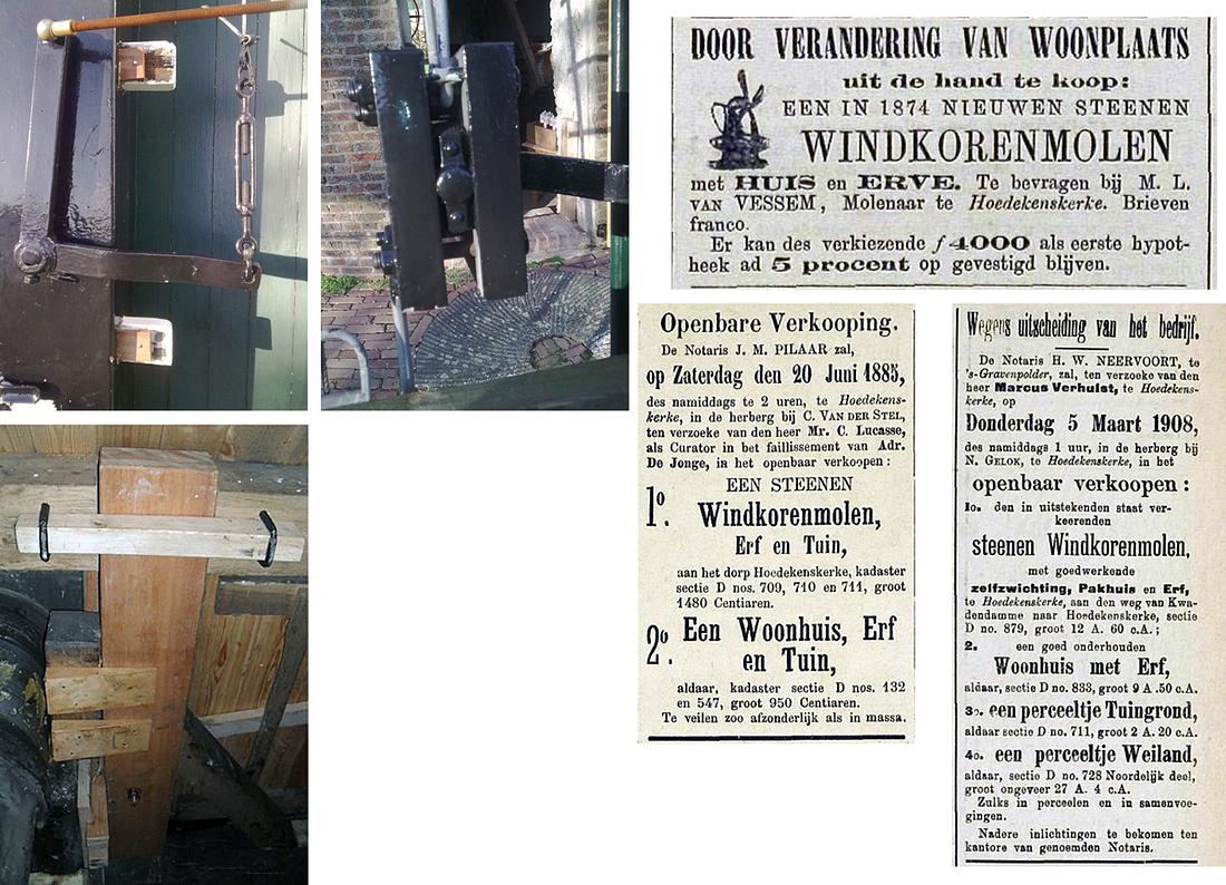 6, Molen 03493 De Koutermolen (Hoedekenskerke), Linksboven: automatische bediening Fauël remklep met aloude fietstrapper,  linksonder: de nieuwe uitneembare keerstijl (oude was verrot).  Mark Remmerts (28-10-2012).  Rechts: oude advertenties uit 1875, 1885 en 1908 (Krantenbankzeeland | Database Nederlandse molens